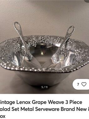 Lenox Grape Weave Silver Salad Bowl with Matching Serving Spoons